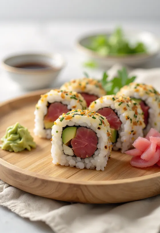 Sushi de atún servido con vegetales frescos y salsa de soya