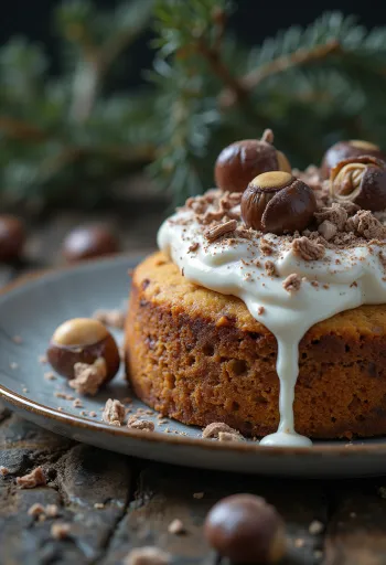 Pastel de invierno de castañas decorado con chocolate amargo y nuez