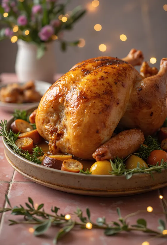 Pavo relleno horneado con piel crujiente y dorada