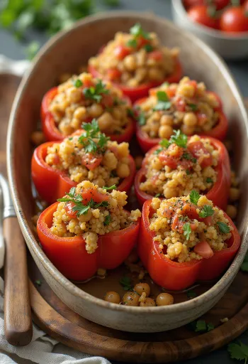 Pimientos rellenos de quinoa veganos servidos