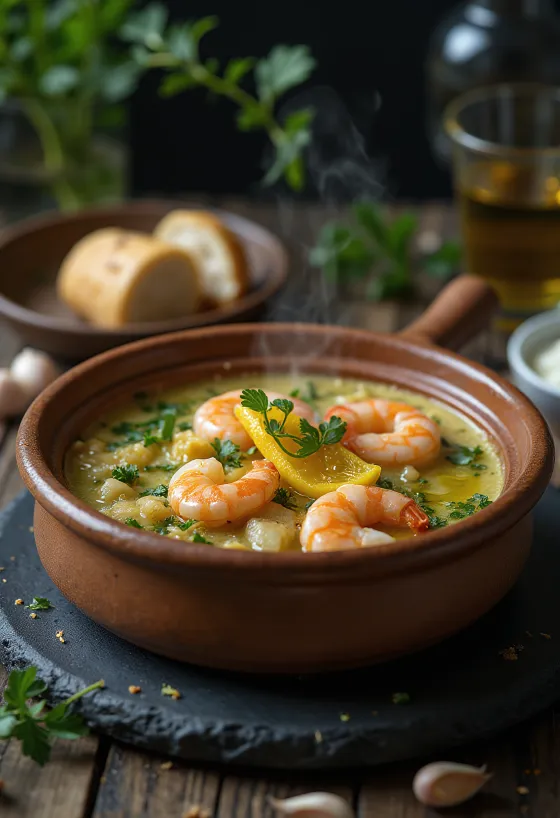 Açorda con camarones, trozos de pan fresco con camarones, ajo y perejil