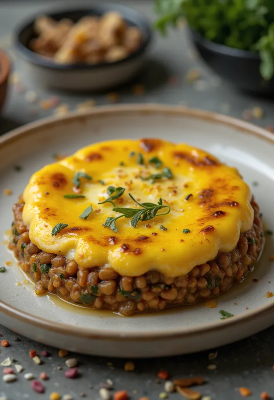 Bobotie vegetariano con lentejas y verduras, servido con eneldo fresco