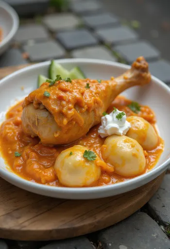 Muslo de pollo bañado en salsa de páprika cremosa con nokedli