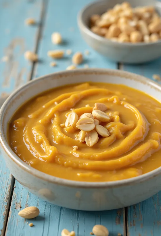 Salsa de cacahuate al curry servida en un tazón con cilantro fresco.