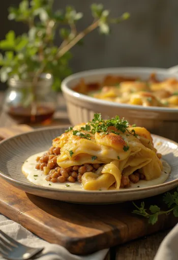 Pastel de col y lentejas especiadas servido