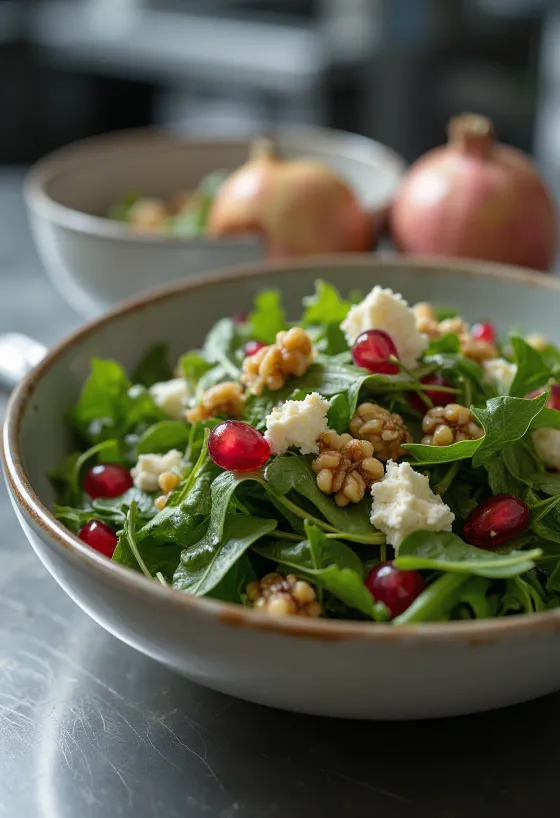Ensalada de arúgula con granada, queso feta y nuez