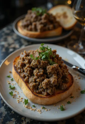 Haggis en pan tostado, haggis especiado servido con perejil fresco