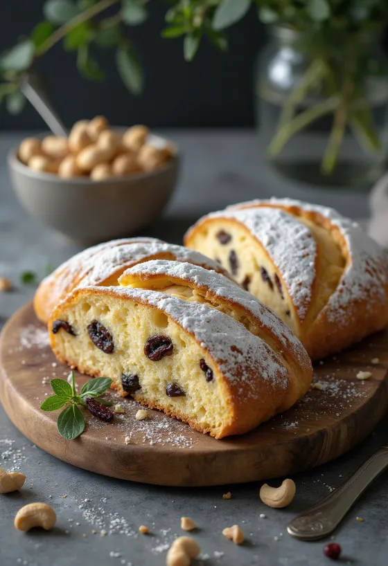 Stollen de nuez de la india rebanado espolvoreado con azúcar glass