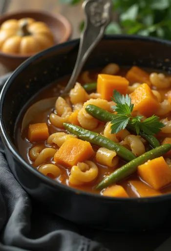 Minestrone servido con calabaza, verduras y pasta