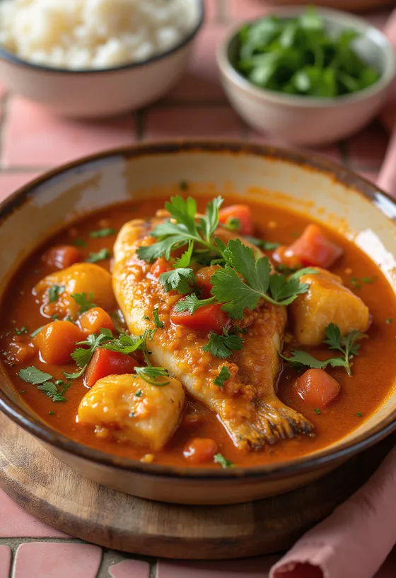 Moqueca con salsa rica, pescado y verduras con leche de coco