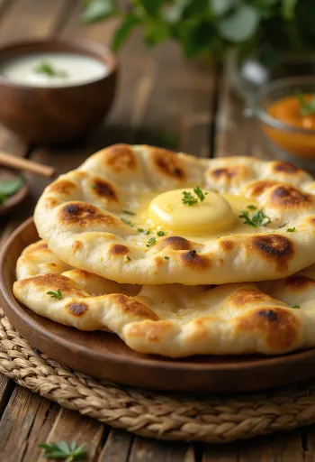 Pan plano naan indio recién hecho servido
