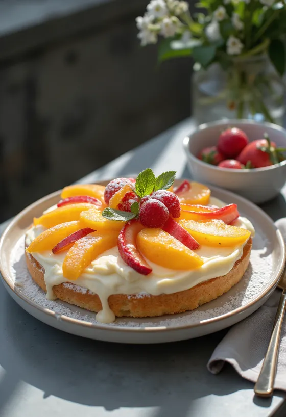 Pastel de frutas con bizcocho con frutas frescas y gelatina