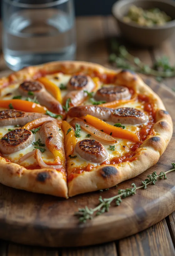 Pizza Vienesa con salchicha austriaca, pimiento y mozzarella