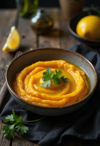 Puré prebiótico de calabaza y poro servido con verduras frescas y pan tostado
