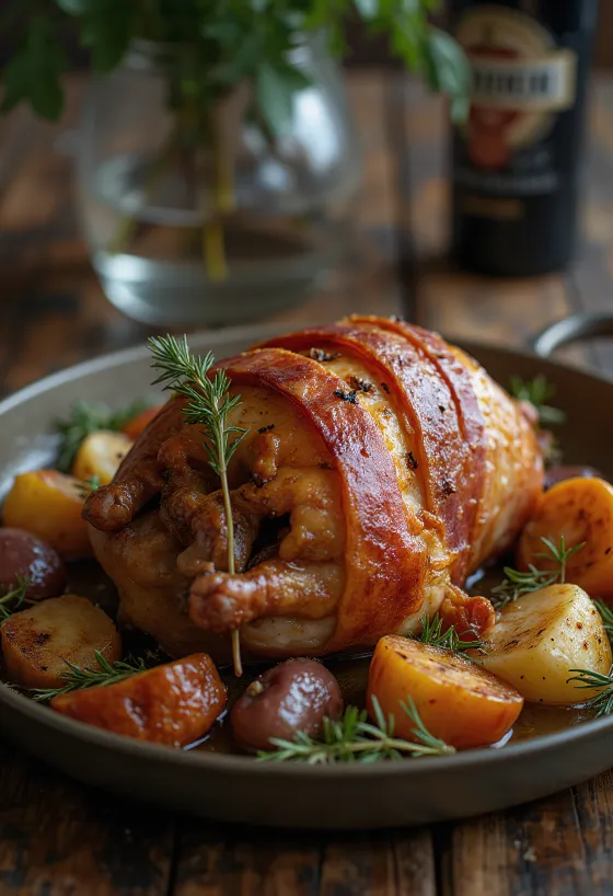 Faisán asado envuelto en pancetta con verduras rostizadas
