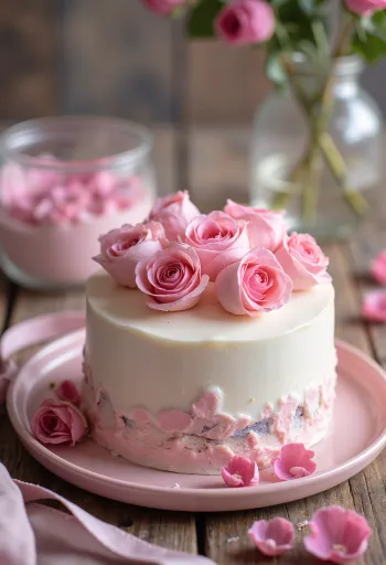 Pastel de rosas para San Valentín con cubierta de fondant blanco y pétalos de rosa