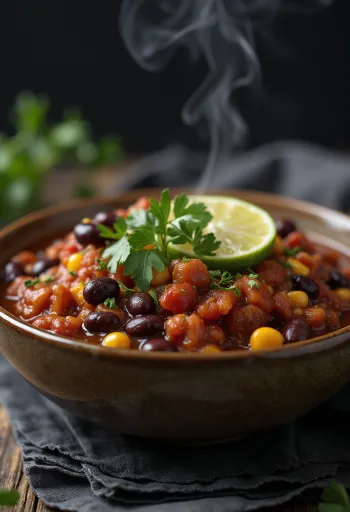 Chili vegano de frijoles, en salsa rica especiada, decorado con cilantro fresco.