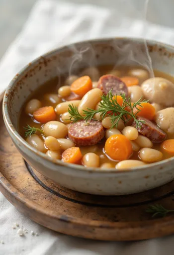Sopa de frijoles tradicional con pasta csipetke, servida con caldo de carne ahumada