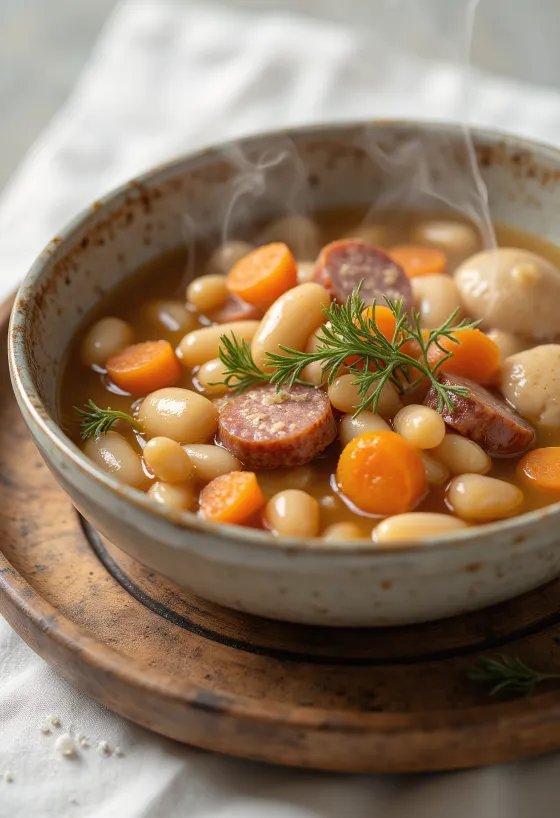 Sopa de frijoles tradicional con pasta csipetke, servida con caldo de carne ahumada