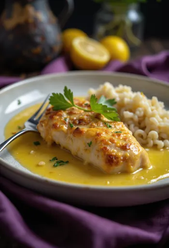 Filete de pollo dorado bañado en salsa de limón y mantequilla