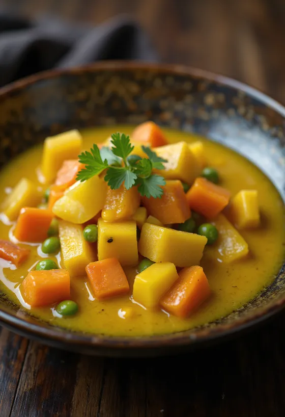 Salsa de verduras al curry en un tazón, decorada con cilantro fresco.