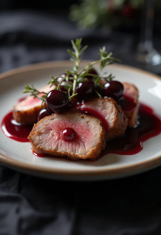 Pechuga de pato con salsa de cereza servida elegantemente