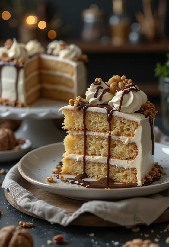 Pastel de castañas con crema de nuez servido