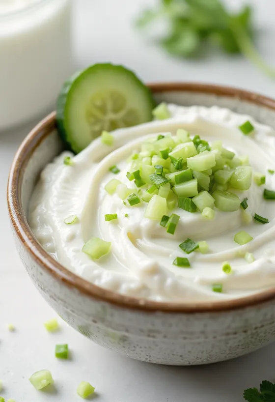 Salsa de pepino con crema ácida y eneldo servida