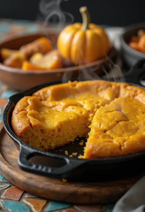 Pan de elote con calabaza, servido en rebanadas frescas doradas