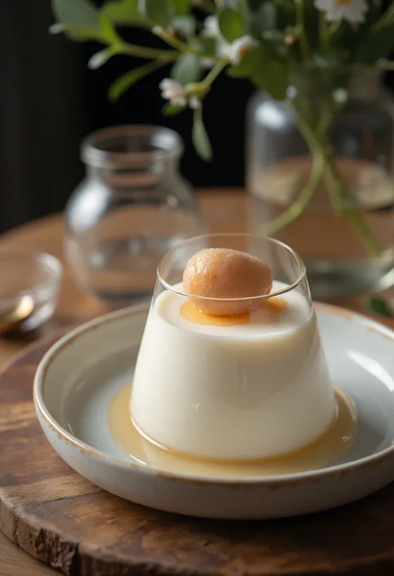 Panna cotta de litchi servida