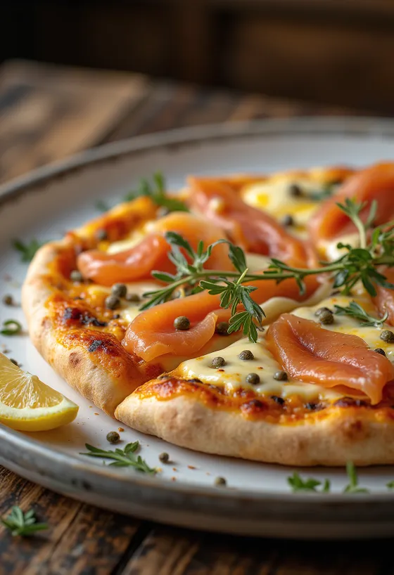 Pizza à la Norvégienne con salmón ahumado, alcaparras y crema