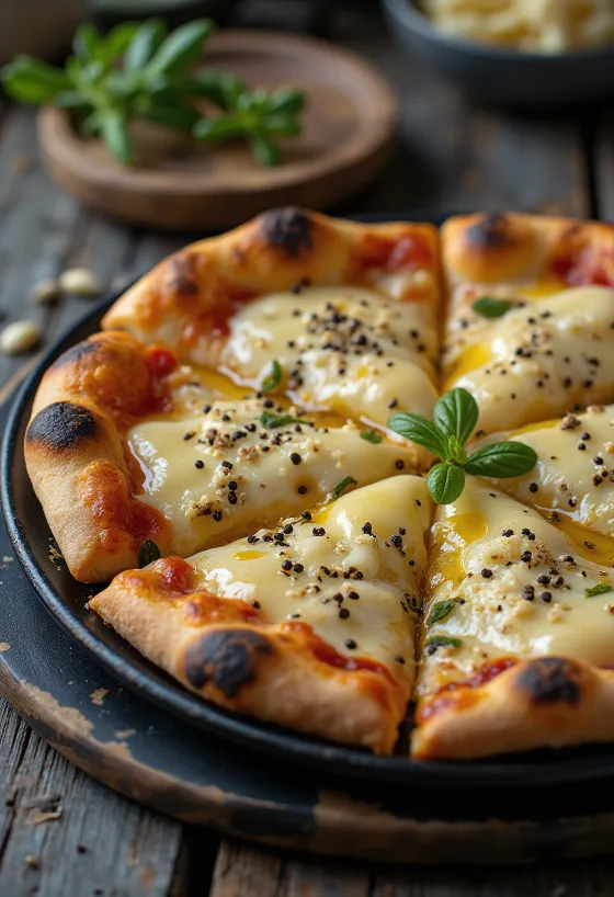 Pizza al Pepe con variedad de quesos y pimientas