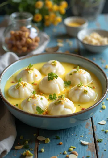 Rasmalai con azafrán, dulce indio a base de leche, decorado con almendra tostada y pistache