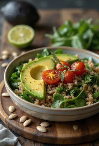 Buddha bowl de quinoa con espinacas y aguacate