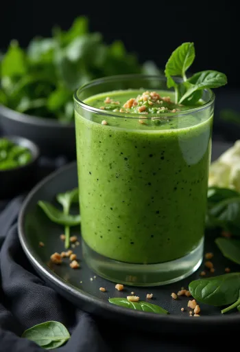 Smoothie de espinacas en vaso alto, decorado con vegetales y frutas