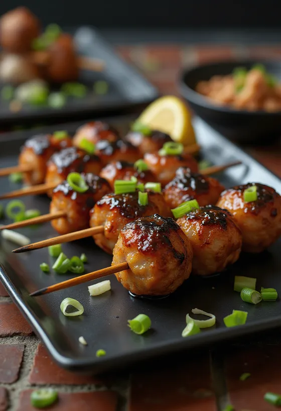 Brochetas de albóndigas de pollo glaseadas a la parrilla