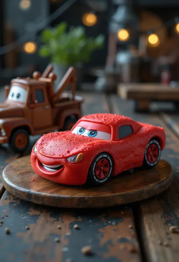Pastel de Cars con cubierta de fondant rojo y decoraciones de autos
