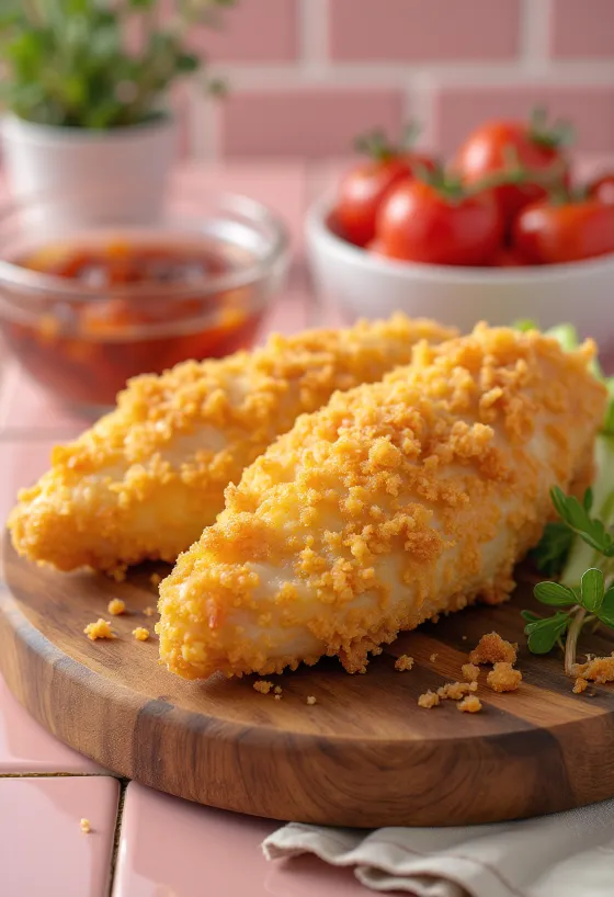 Pechuga de pollo empanizada frita dorada, servida con ensalada fresca.