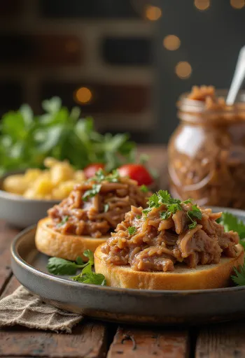 Rillette de pato servido en tarro rústico con pan y pepinillos