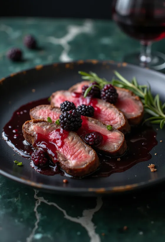 Filete de wapiti con reducción de frutos rojos servido con verduras.