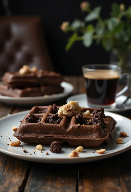 Waffles de chocolate amargo con chocolate derretido y trocitos