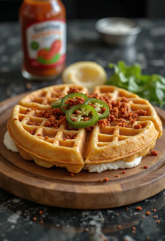 Waffle extremadamente picante con jalapeño y queso cheddar servido con crema ácida