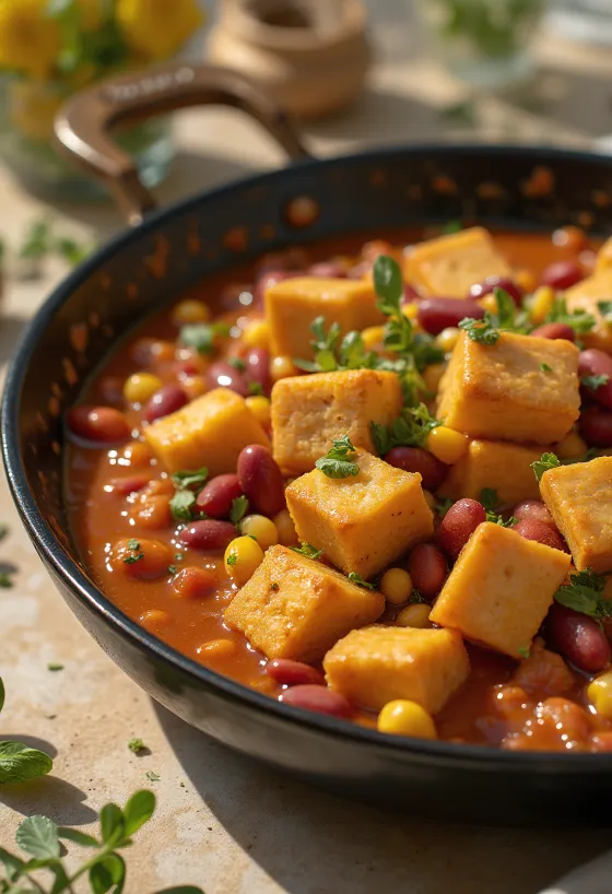 Tofu especiado con frijoles servido