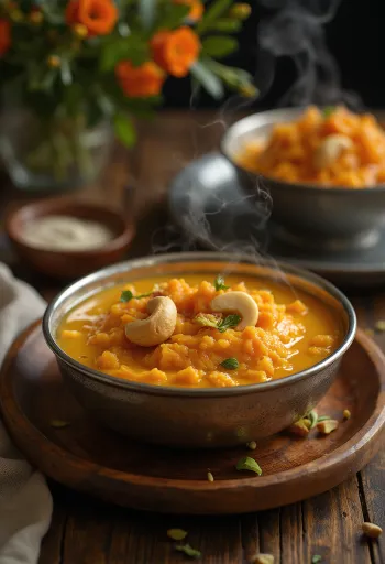 Gajar ka Halwa con zanahoria, ricos sabores especiados.