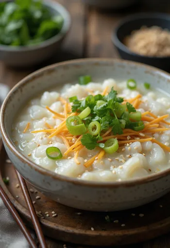 Congee de jengibre servido con cilantro fresco y cebollín