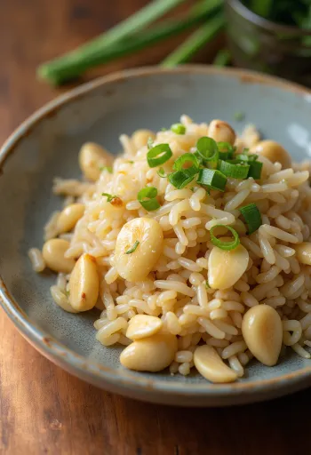 Arroz con nuez de macadamia servido