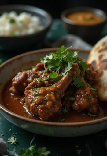 Nihari de res, cocinado en salsa rica especiada, decorado con cilantro fresco