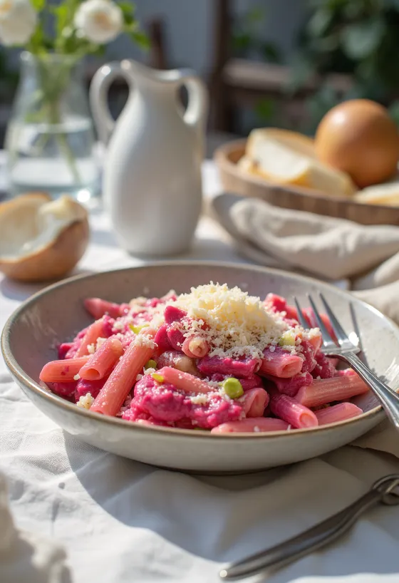 Pasta prebiótica de betabel y puerro servida con perejil fresco y parmesano