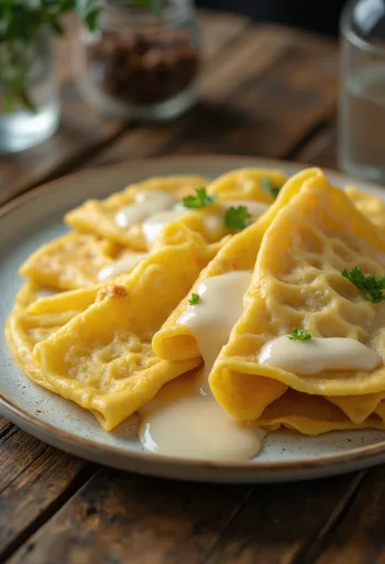 Roti Jala con leche condensada, servido con masa rica y dulce