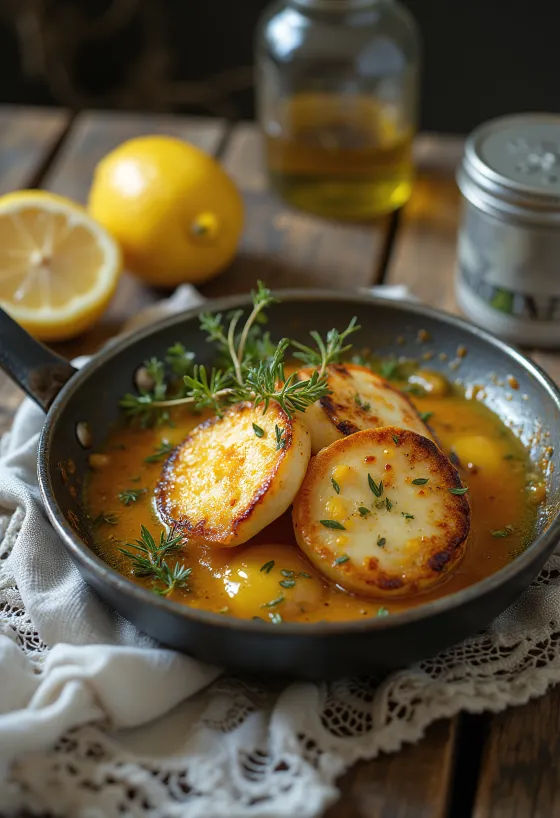 Saganaki con halloumi, rebanadas de queso fritas con limón y orégano